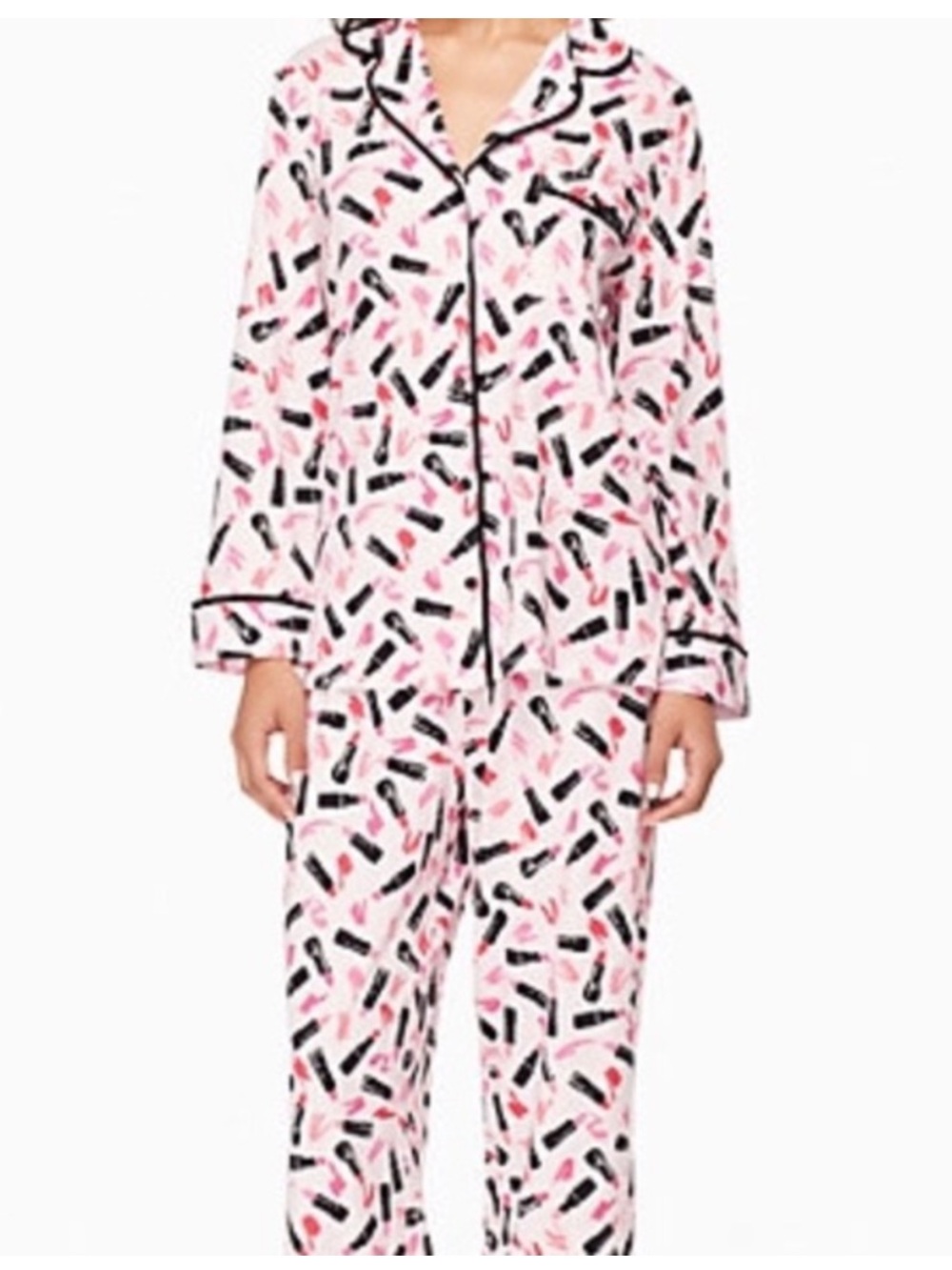 Kate Spade Pink Lipstick Pajama Set Top Bottom Black Bow Small